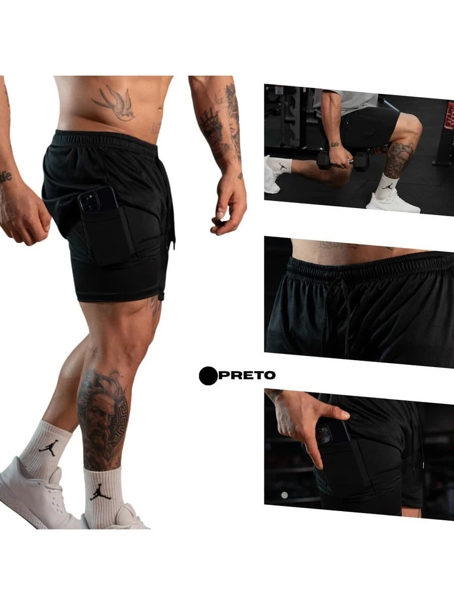 Short Masculino Duplo 2 Em 1 Com Bermuda De Compressão Treino Academia Corrida 